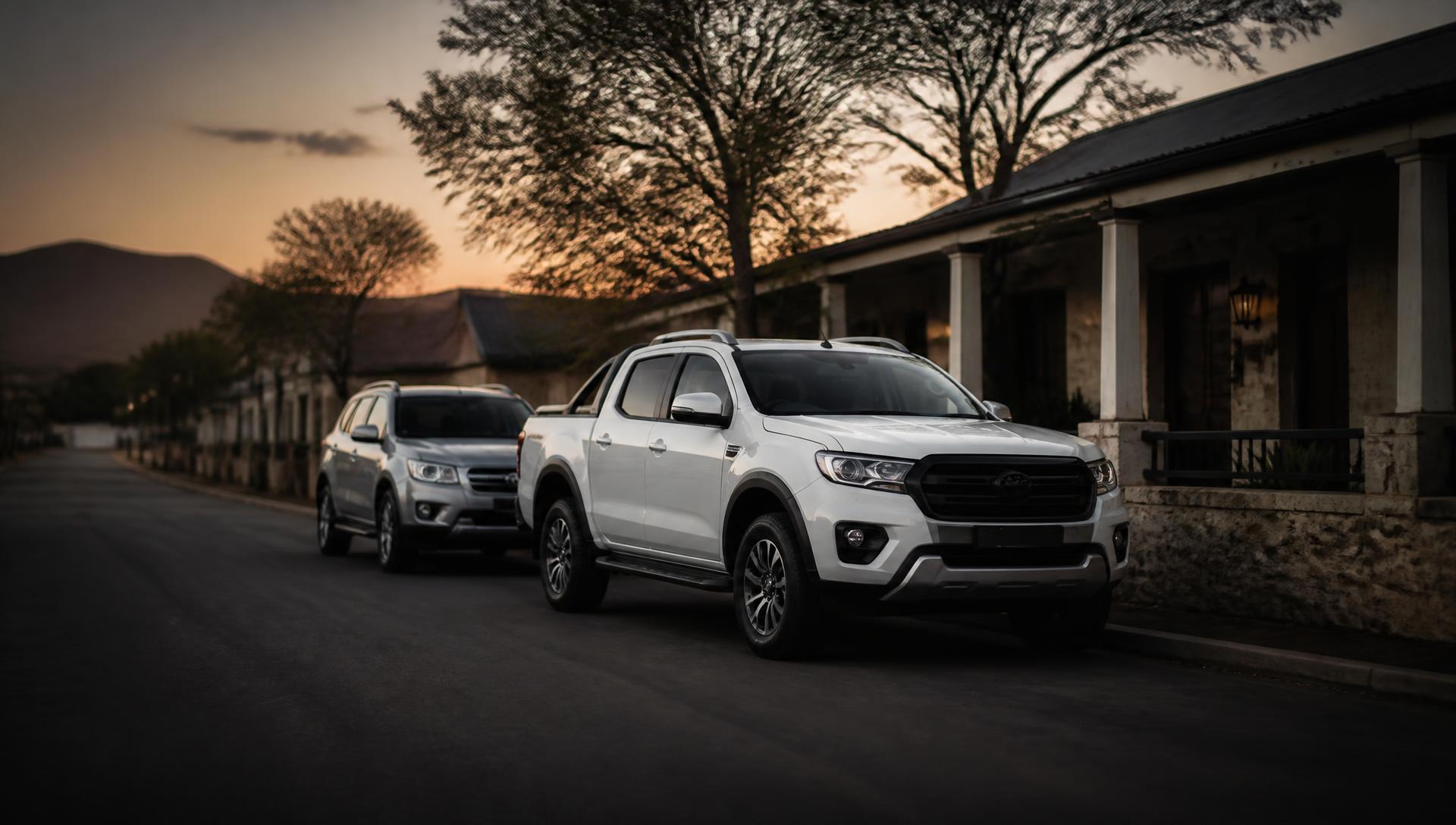 Bakkie and SUV parked on a Louis Trichardt street at sunset
